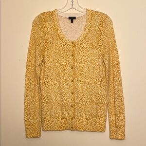 Talbots mustard yellow leopard print button up cardigan sweater WM cotton blend